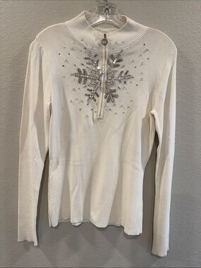Boston Proper Cream Zip-Neck Sweater with Crystal Snowflake